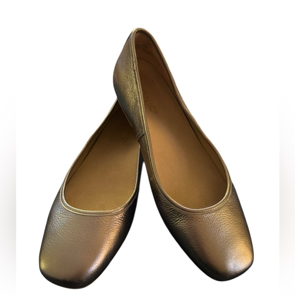 Vionic Orinda Square Toe Ballet Flat Sz 9.5” Metallic Pewter Leather Holiday